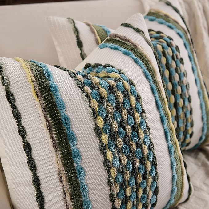 Boho Striped Throw Pillow Covers 18x18 Inch Set of 2 Farmhouse Square Decorative Pillow Covers Chenille Tufted Accent Neutral Pillowcase Teal Green Cushion Cover for Living Room Couch Sofa Bed