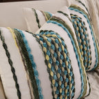 Boho Striped Throw Pillow Covers 18x18 Inch Set of 2 Farmhouse Square Decorative Pillow Covers Chenille Tufted Accent Neutral Pillowcase Teal Green Cushion Cover for Living Room Couch Sofa Bed