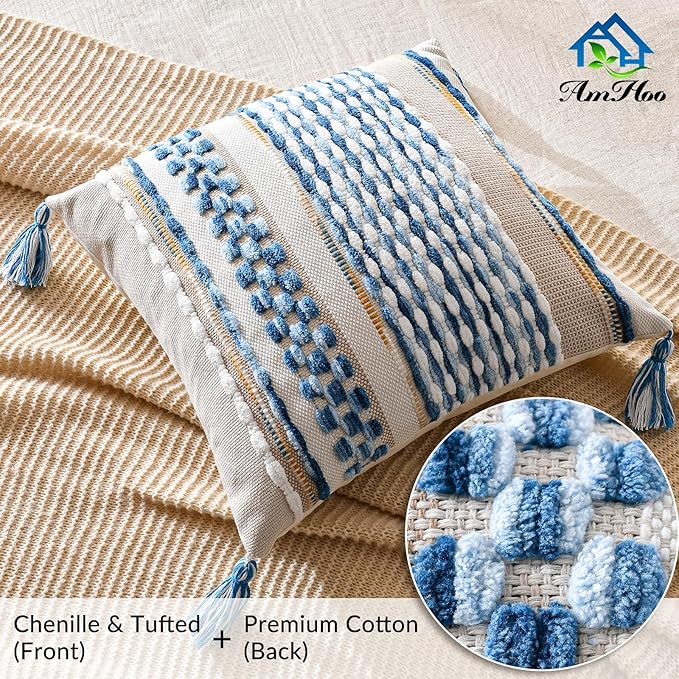 AmHoo Set of 2 Chenille Striped Textured Boho Throw Pillow Covers Aesthetic with Tassels Woven Decorative Pillow Case for Couch Bed Sofa Bedroom Modern Funky 18 x 18-Inch Sky Blue
