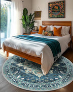 Area Rugs 6ft Washable Non-Slip, Floral Vintage Distress Print Pattern Medallion Carpet for Living Room Bedroom Dining Room, Teal Green Lake Blue Turquoise
