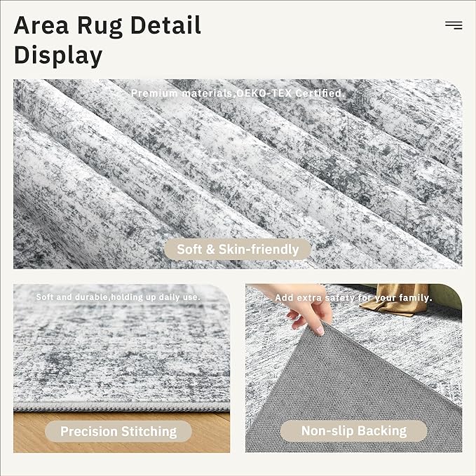 5x8 Area Rugs Grey Low Pile Indoor Washable Trendy Faded Style Rugs for Bedroom Living Room Dining Room Foldable Non-Slip Thin Print Home Office Mat