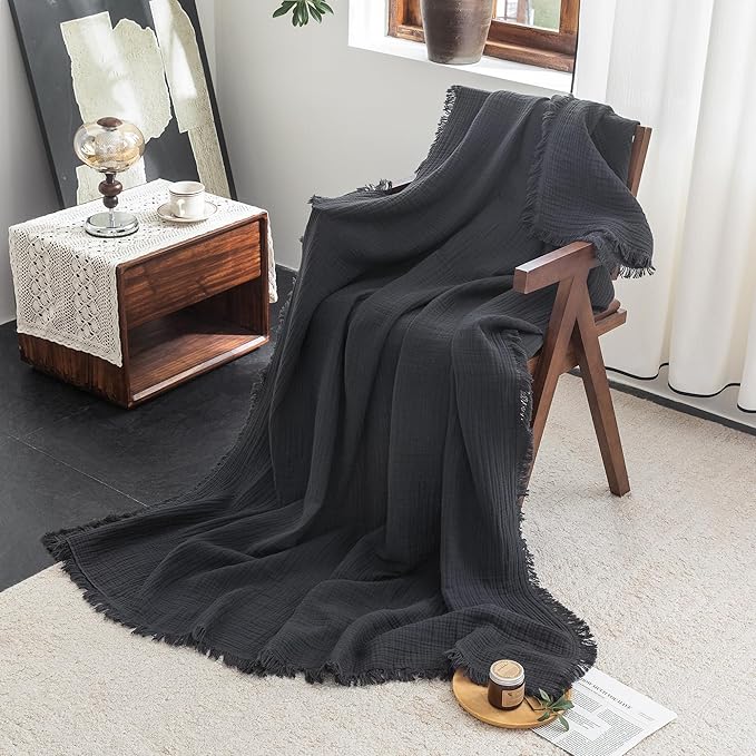 FOSSA Muslin Blanket with Fringe - 4-Layer 100% Cotton Gauze Super Soft & Breathable Throw -Lightweight Decorative Cooling Blanket for Bed, Sofa, Office -Oversize Queen Size 98" × 98" (Dark Gray)