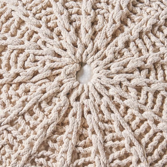 Round Pouf Ottoman, 18" Bordeaux Knitted Cotton Woven Round Pouf, Handmade Woven Bean Bag for Living Room, Floor Bag for Bedrooms, Home, Offices, Sofa Footrest (Beige)