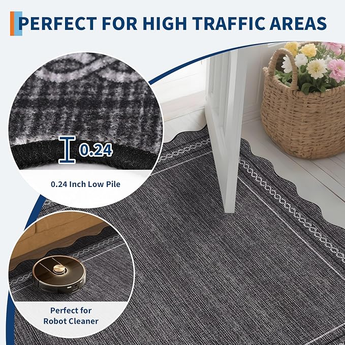 GarveeHome Scalloped Washable 6x9 Rug for Living Room Non Slip Soft Bedroom Rugs Black Low Pile Throw Rugs Stain Resistant Carpet for Nursery Dining Room Playroom Classroom, Black