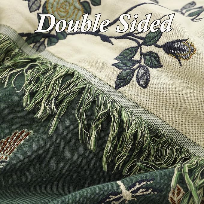 Snycler Boho Throw Blanket for Bed - 100% Cotton Ultra Soft Rustic Quilt Green Hummingbird Printed Farmhouse Decor Bed Blankets,80"×90" All Season Rustic Throw for Sofa Couch Chair