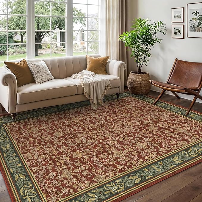 GarveeHome 6x9 Area Rugs Washable Rugs for Living Room, Boho Vintage Rug Non Slip Low Pile Stain Resistance Indoor Soft Large Carpet for Bedroom Dining Room Office Red