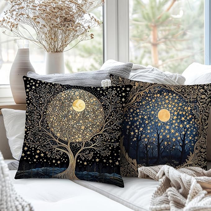 Vintage Dark William Morris Moon Night Forest Decor Pillow Covers 18x18 Set of 4,Black Forest Decor,Dark Dcademia Floral Decorative Throw Pillow Covers for Home Bedroom Living Room