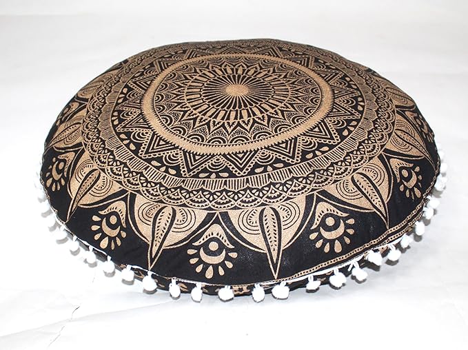 CRAFT KALA Boho Large Floor Pillow Pouf Cover Mandala Meditation Room Pillow Cover for Adults Round Bohemian Seating Pouf Cushion Cover for Kids Playroom 22" Black Golden