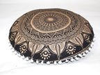 CRAFT KALA Large Round Bohemian Floor Pillow Pouf Cover Mandala Meditation Room Pillow Cover for Adults Boho Seating Poufs Cushion Cover for Kids Playroom Black Golden 32" Round