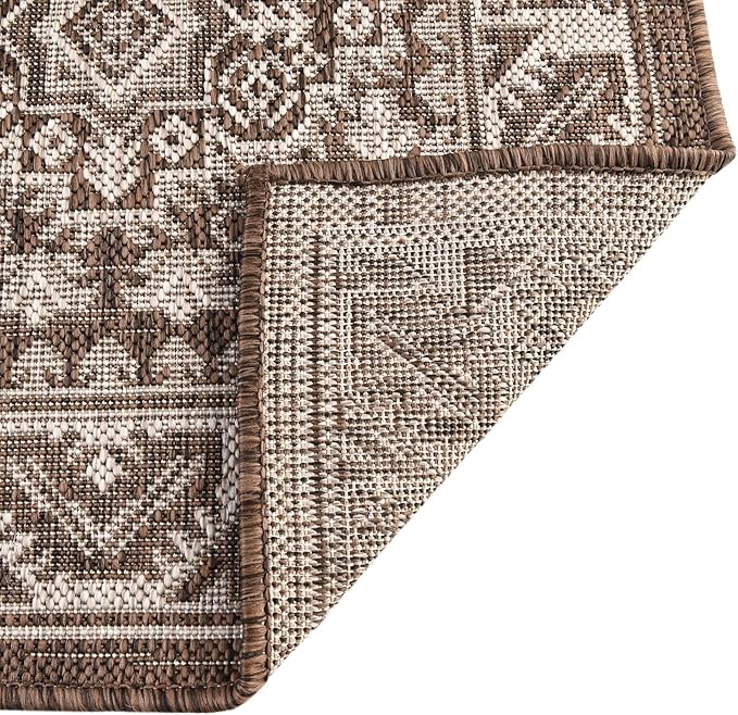 Rugs.com Outdoor Aztec Collection Rug – 13 Ft Square Brown Flatweave-Pile Rug Perfect for Living Rooms, Kitchens, Entryways