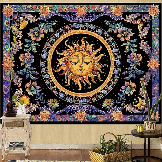 Accnicc Sun and Moon Tapestry Psychedelic Floral Plant Tapestries for Bedroom Aesthetic Hippie Boho Flower Tapestry Wall Hanging for Dorm Living Room (48'' × 36'')