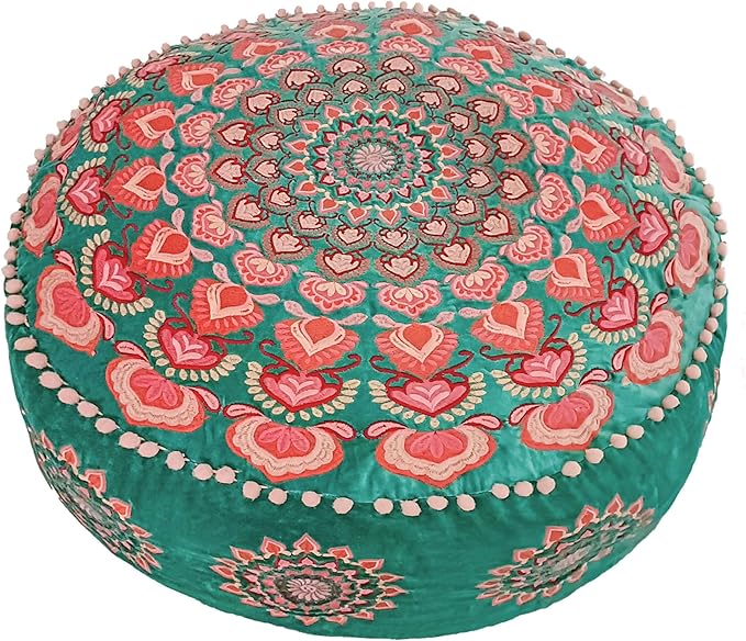 Turquoise Round Velvet Pouf Cover - Soft Embroidered Ottoman Slipcover with Moroccan Design, 24 Inch Diameter, Ideal for Living Room, Bedroom, or Meditation Space -Decorative Floow Pillow Cushion
