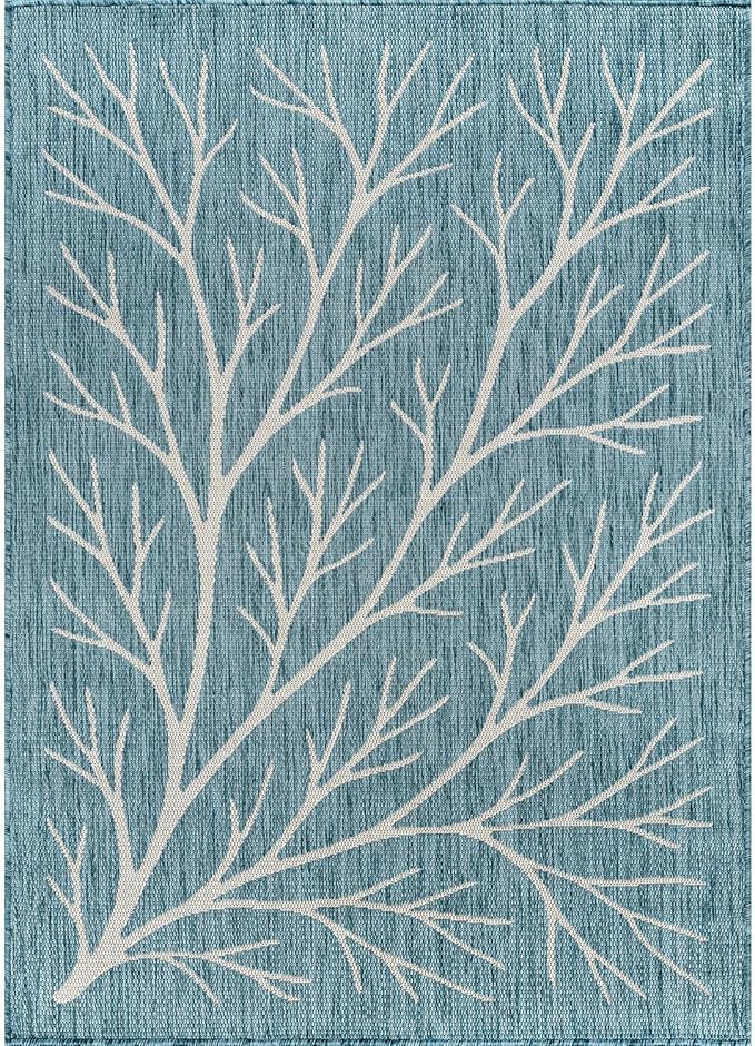 Washable Indoor Outdoor Rug 10x14 Modern Area Rugs Branch Pattern Non Shedding Waterproof Easy Clean Patio Deck Porch Living Room Bedroom Garden RV (10 X 14 Aqua)