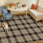 Jute Rug 6x9 for Living Room, Washable Black and Brown Rug for Dining Room, Indoor Outdoor Geometric Non Slip Vintage Farmhouse Carpet, Classic Beige Plaid Décor