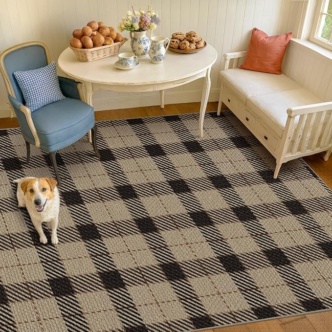 5x7 Farmhouse Rugs for Living Room - Easy Jute Area Rug for Large Entryway Indoor Outdoor, Patio, Bedroom Under Bed, Washable Non Slip Rustic Woven Checkered Plaid Black and Tan Carpet