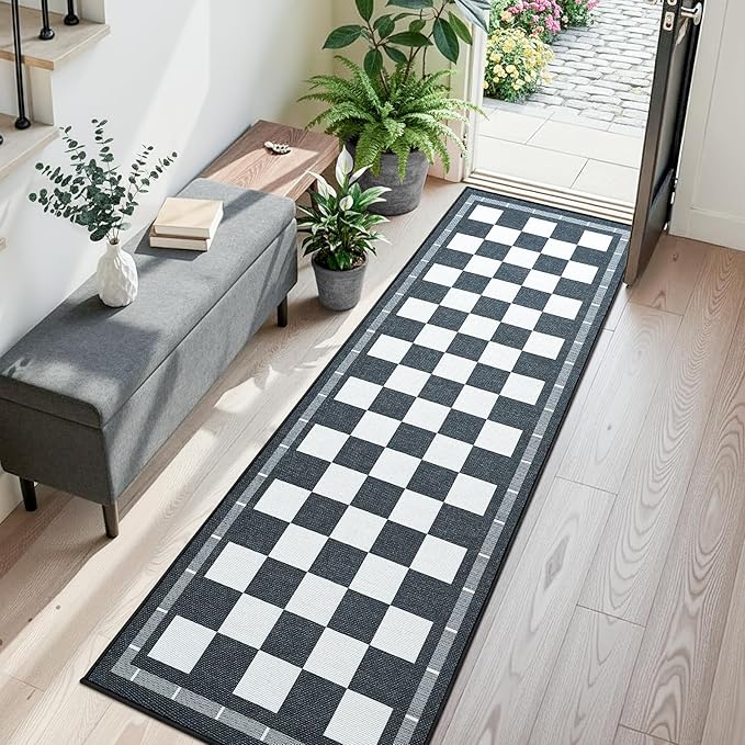 Vasofe Jute Checkered Runner Rug, 2x6 Black and White Washable Rugs, Modern Runners for Hallway Non-Slip Kitchen Mat, Farmhouse Checkerboard Indoor Outdoor Carpet for Porch Laundry Entryway