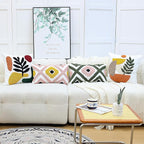 Boho Accent Pillow Covers 18x18- Tufted Abstract Modern Square Throw Pillow Covers, Farmhouse Decorative Pillowcase for Couch, Sofa, Bed, Living Room -Orange Beige Geometric Dark Green Leaf