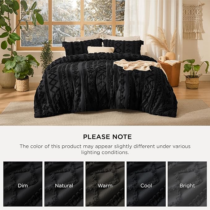 Bedsure Tufted Boho Comforter Set King Size - Black Boho Bed Set, GentleSoft™ 3 Pieces Farmhouse Shabby Chic Embroidery Bedding, Gifts for Woman, Soft Jacquard King Comforter for All Seasons