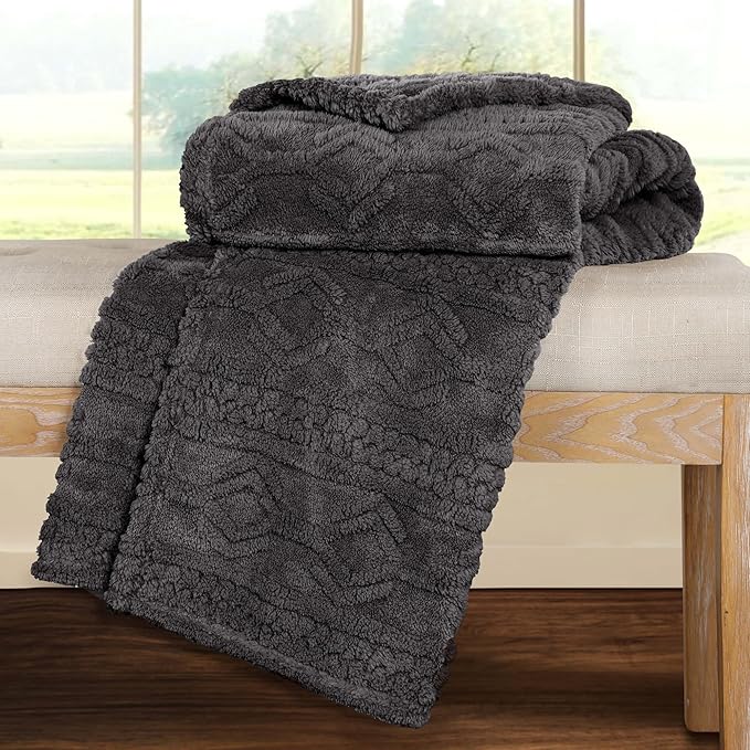Superior Fleece Boho Jacquard Blanket, Decorative Blankets for Bedroom, Sofa, Fuzzy, Plush, Fluffy, Soft, Cute Room Decor, Beautiful Cover, Comfort Essentials, Arctic Collection, King, Charcoal
