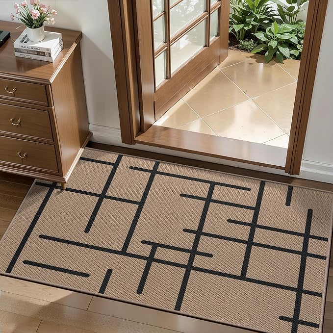 Tangsoo Modern Easy Jute Rug 2x4 Small Rugs for Entryway,Washable Thin Stripe Outdoor Door Mat,Non-Slip Indoor Floor Carpet Farmhouse Small Throw Mat for Kitchen Hallway Bedroom Front Porch