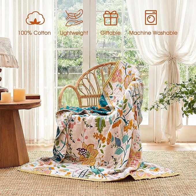 Boho Throw Blanket - 90"x90" 100% Cotton Ultra Soft Lightweight Blanket, 4-Layer Breathable Muslin Spring Blankets for Bed Couch, Reversible Green Floral Printed Bohemian Cotton Quilt