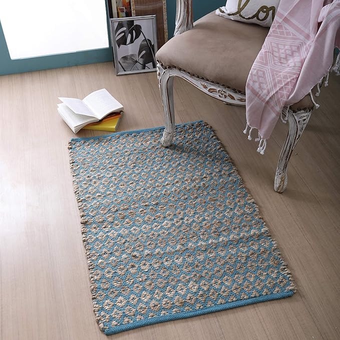 Jute Cotton Diamond Woven Rag Rug 2x3 Feet - Teal Natural, Reversible Small Soft Floor Décor Area Rugs Ideal for Entryway, Kitchen, Laundry Room | Boho Farmhouse Accent Sturdy Door Mat for Bedroom