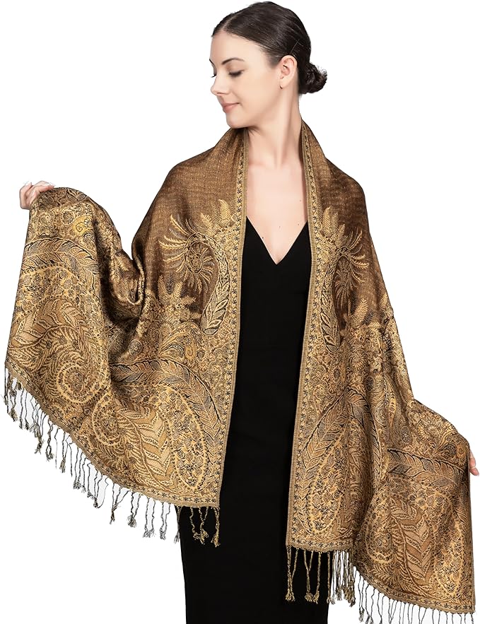 Achillea Reversible Paisley Pashmina Rave Scarf – Exotic Indian Shawls and Wraps for Evening Dresses, Festivals, All Seasons