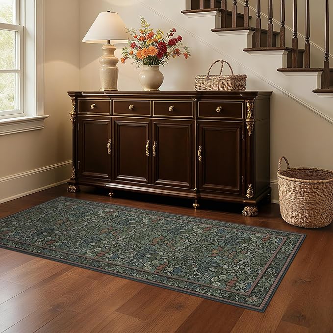 GENIMO Floral Washable Runner Rug 2’6”x6’, Non-Slip Long Hallway Carpet for Entryway, Kitchen, Indoor Floor Use, Vintage Boho Soft Thin Rug Décor, Dark Green