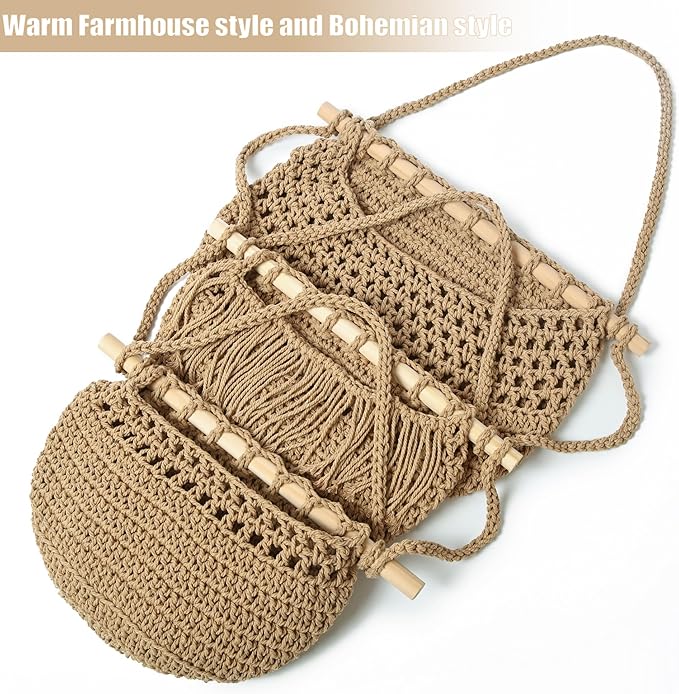 Halidali 3 Tier Hanging Fruit Baskets for Kitchen, Boho Cotton Rope Handwoven Vegetable Hammock Produce Storage Wall Mounted Large Organizing Basket for Farmhouse Decor, Onion, Potato (Linen)