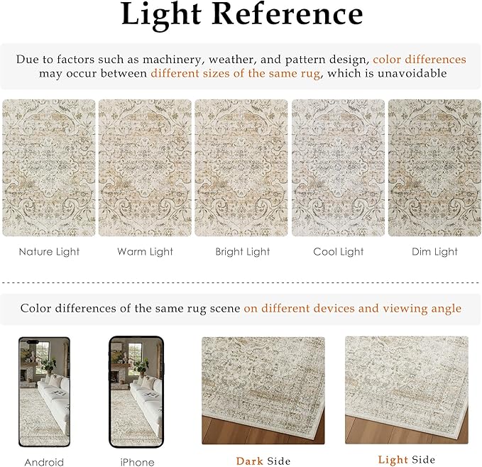 10x12 Beige Area Rug Vintage Living Room Bedroom Washable Carpet Non-Slip Soft Low Pile Distressed Indoor Large Throw Rug for Dining Room Office