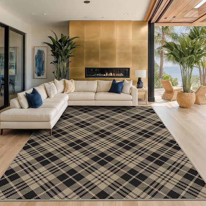 JTJ Vintage Checkered Easy Jute Rugs for Large Living Room 8x10 - Diamond Patterned Woven Rug for Bedroom, Indoor Area, Dining Room, Washable Foldable Low Pile Black and White Classic Decor