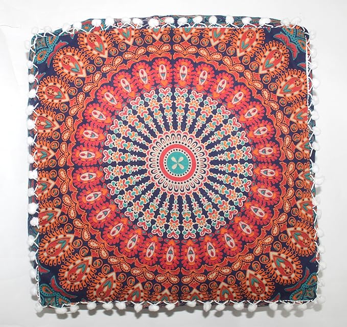 CRAFT KALA Large Hippie Mandala Meditation Floor Ottoman Pillow Cushion Pouf Cover Square Poufs Bohemian Circle Floor Cushion Case Outdoor Fireplace Yoga Living Room Decor Cover Orange, 24" Square