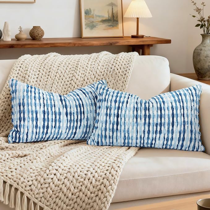 Boho Decorative Throw Pillow Covers 12x20 Inch, Chenille Tufted Pillow Cover Striped Textured Lumbar Farmhouse Accent Pillowcase for Couch Sofa Bedroom Living Room, Blue White Stripe, 2 Pack