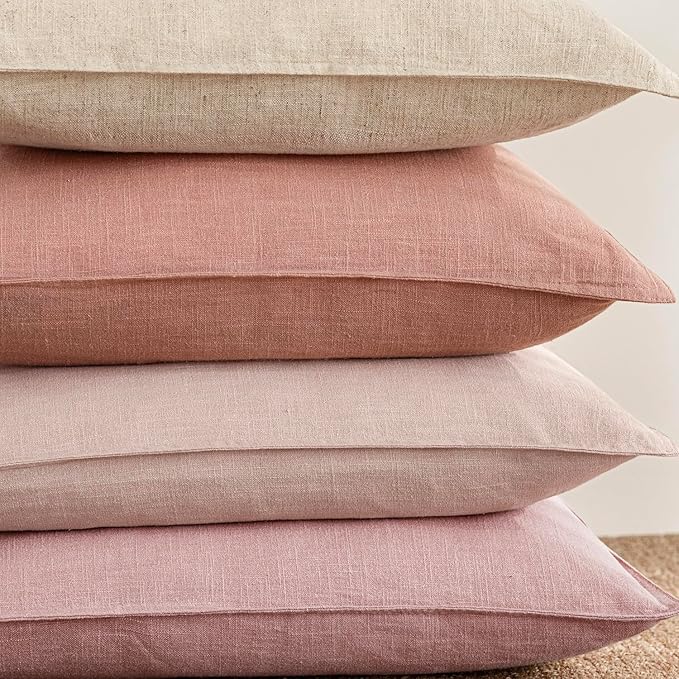 Foindtower Pack of 2, Decorative Linen Soild Throw Pillow Covers Soft Accent Cushion Euro Case Boho Farmhouse Pillowcase for Chair Couch Sofa Bedroom Living Room Home Decor 18 x 18 Inch Rose Pink