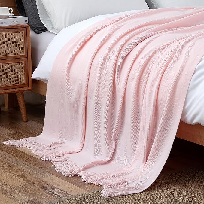 Vonty Pink Knitted Blanket with Tassels Fringe 60" x 80", Super Soft Knit Throw Blanket, Farmhouse Decorative Lightweight Blanket for Couch, Sofa, Bed