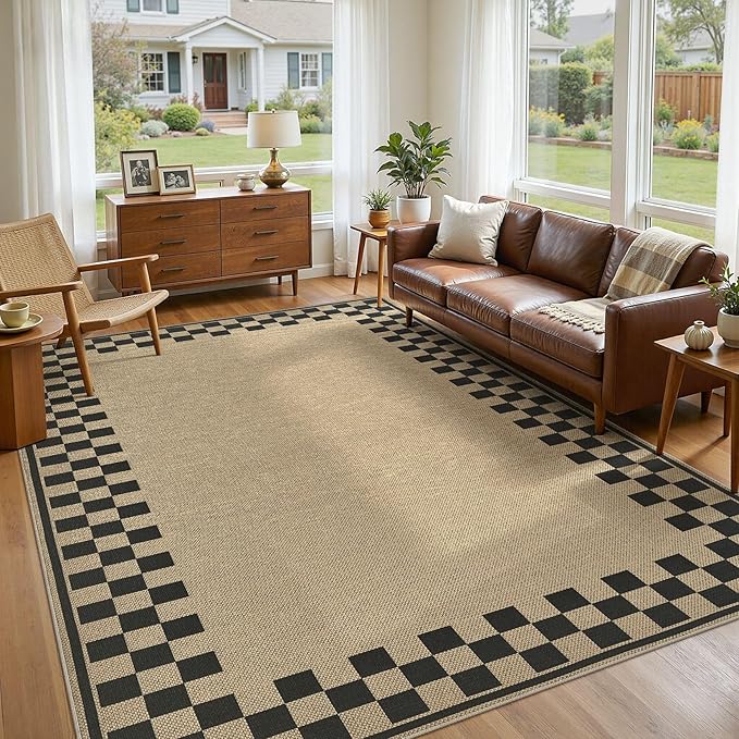 6x9 Jute Rug for Living Room: Farmhouse Carpet Indoor Outdoor Washable Non Slip Area Rug for Bedroom Patio Backyard Dining Room Table Home Office - Checkered Brown