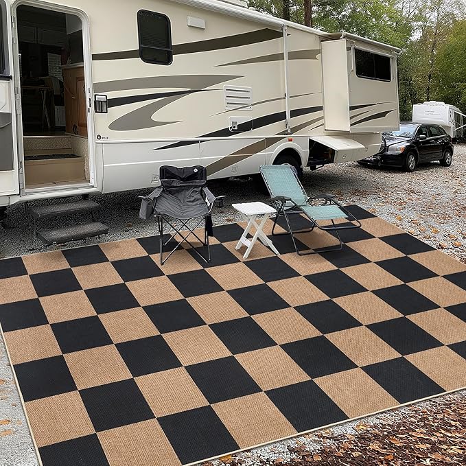 GarveeHome 9x12 Checkered Easy Jute Rugs for Bedroom Machine Washable Large Rugs Non-Slip Backing Modern Neutral Stain Resistance Carpets for Farmhouse Patio Dining Room Backyard Black Tan