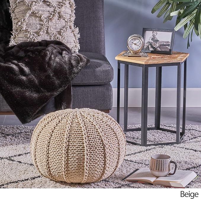 Christopher Knight Home Agatha Knitted Cotton Pouf, Beige Small