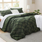 Bedsure Boho Comforter Set Queen - Olive Green Tufted Queen Size Comforter, 3 Pieces Farmhouse Shabby Chic Embroidery Bed Set, Soft Fluffy Geometric Pattern Bedding for All Seasons