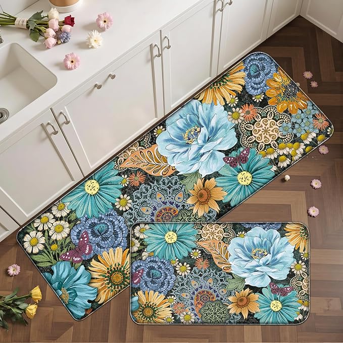 Boho Floral Kitchen Mats for Floor 2PCS Anti Fatigue Mats for Kitchen Floor Cushioned Non Slip Waterproof Memory Foam PVC Kitchen Rugs Set for Sink,Office,Laundry 17.3"x28"+17.3"x47"