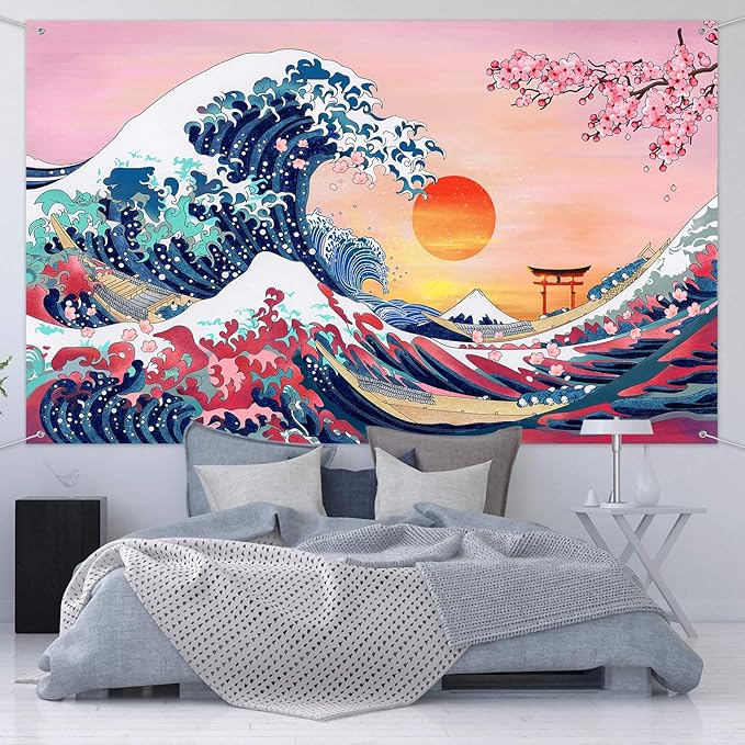 Ocean Wave Tapestry Japanese Kanagawa Backdrop Great Wave Tapestry Cherry Blossom Nature Sunset Background Wall Hanging Banner for Japanese Party Wall Home Decorations, 72.8 x 43.3 Inch