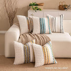 Fall Boho Chenille Tufted Couch Throw Pillow Covers 18x18 Inch Set of 2 Farmhouse Striped Decorative Pillow Covers Accent Neutral Pillowcase Yellow Teal Cushion Cover for Living Room Sofa Bed