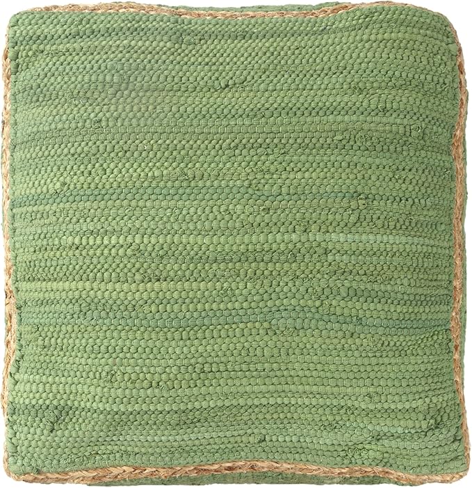 LR Home Green Bordered Hand-Loomed Cotton Blend Cube Pouf with Jute Braid for Home Decor | Transitional Foot Rest for Bedroom & Living Room | 18 x 18 x 18 Stuffed Ottoman Ottoman