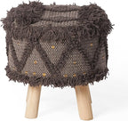 Dark Brown Handcrafted Wool & Cotton 16x16 Foot Stool - Boho Style Ottoman Foot Rest for Living Room