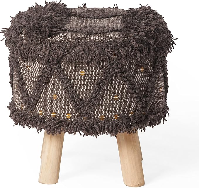 Dark Brown Handcrafted Wool & Cotton 16x16 Foot Stool - Boho Style Ottoman Foot Rest for Living Room