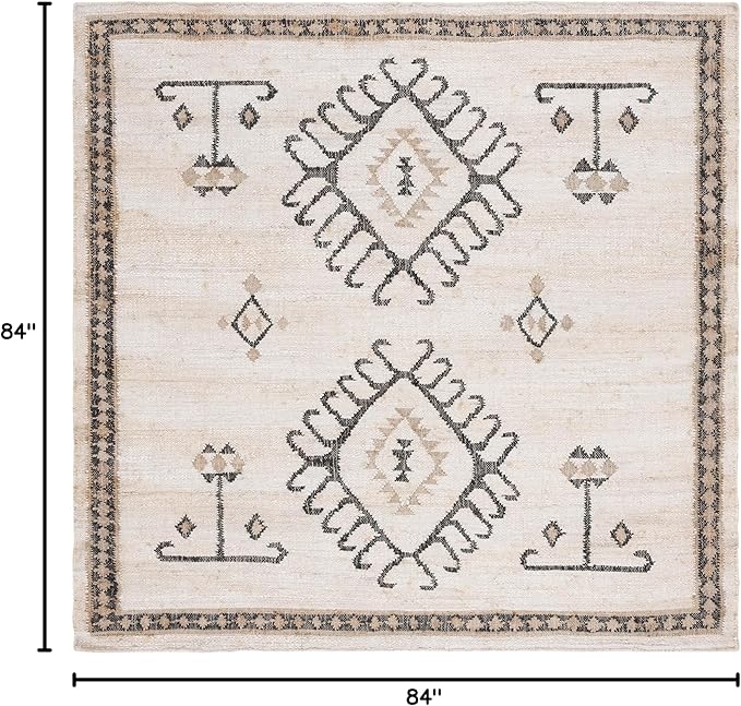 SAFAVIEH Kilim Collection Area Rug - 7' Square, Ivory & Black, Handmade Flat Weave Jute, Ideal for High Traffic Areas in Living Room, Bedroom (KLM762A)