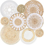 MJOGGOTT 9 Pcs Boho Wall Basket Decor Hanging Woven Wall Basket Art Decor Rattan Wicker Seagrass Home Round Tassels White Macrame Tapestry Baskets Decoration for Kitchen Home Farmhouse Decoration
