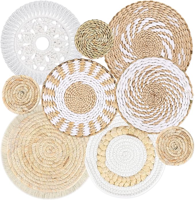 MJOGGOTT 9 Pcs Boho Wall Basket Decor Hanging Woven Wall Basket Art Decor Rattan Wicker Seagrass Home Round Tassels White Macrame Tapestry Baskets Decoration for Kitchen Home Farmhouse Decoration