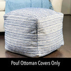 Chardin home UNSTUFFED Ottoman, Cozy & Bohemian Pouf Covers, Hand Crafted Casual Seating, Footrest, Square Floor Pillow for Home, Office, Bedroom, Living Room, 16.5" x 16.5"x 12.9", Blue-Off White