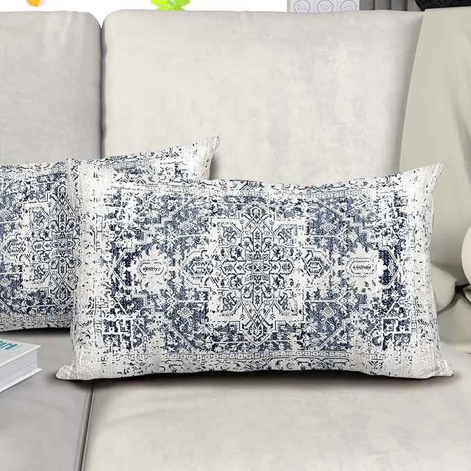 Navy Blue Grey Ethnic Boho Lumbar Pillow Covers 12x20 Inch Bohemian Carpet Pattern Vintage Gray Pillow Cases for Couch Farmhouse Rectangle Rustic Rug Pillow Cases for Bed Patio Outdoor Indoor Set 2